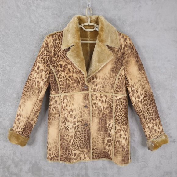 Newport News Coat Jacket Size M Faux Seude Fur Liner Leopard Button Pockets Y2k - Picture 1 of 13